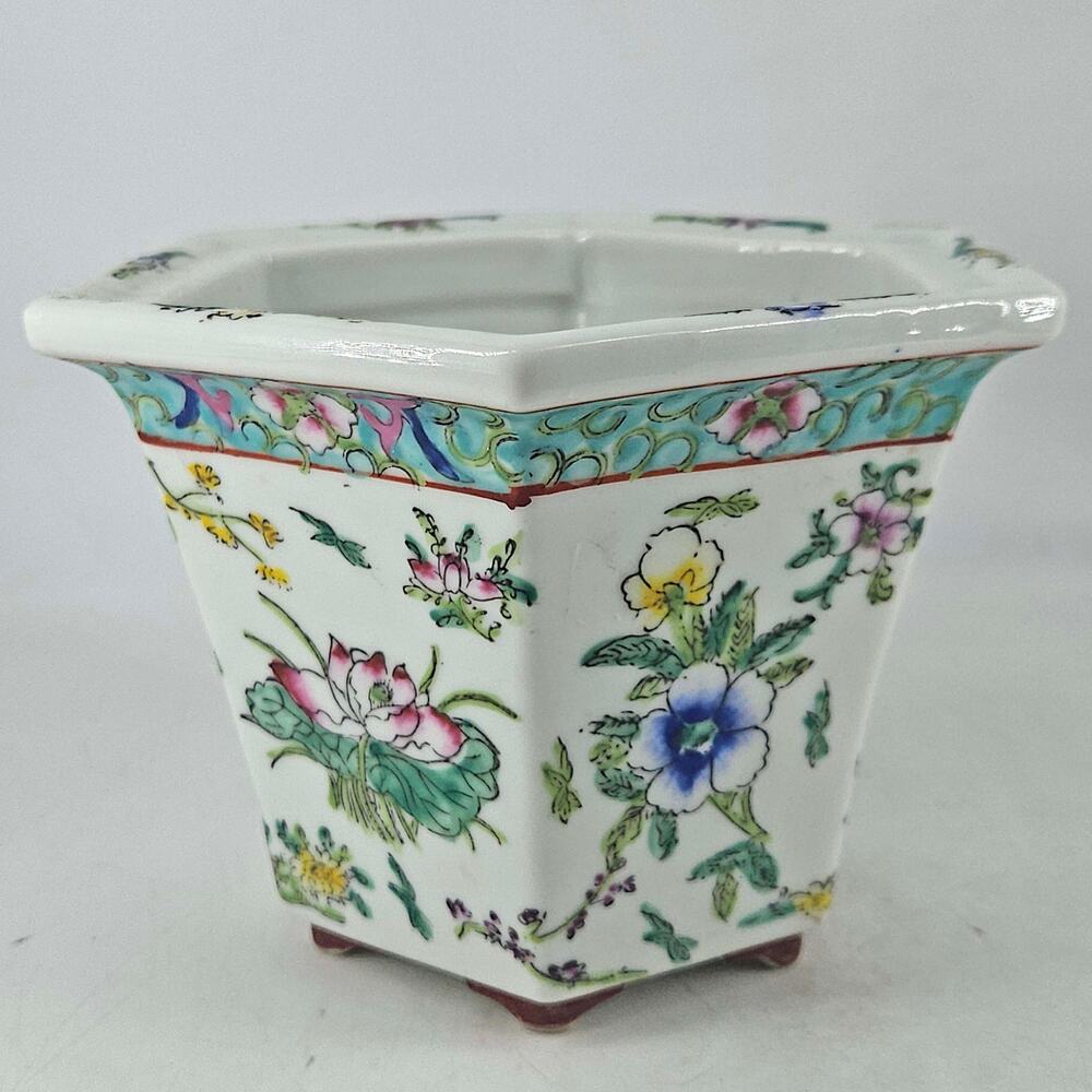 Vintage Chinese famille rose hand painted hexagonal floral planter
